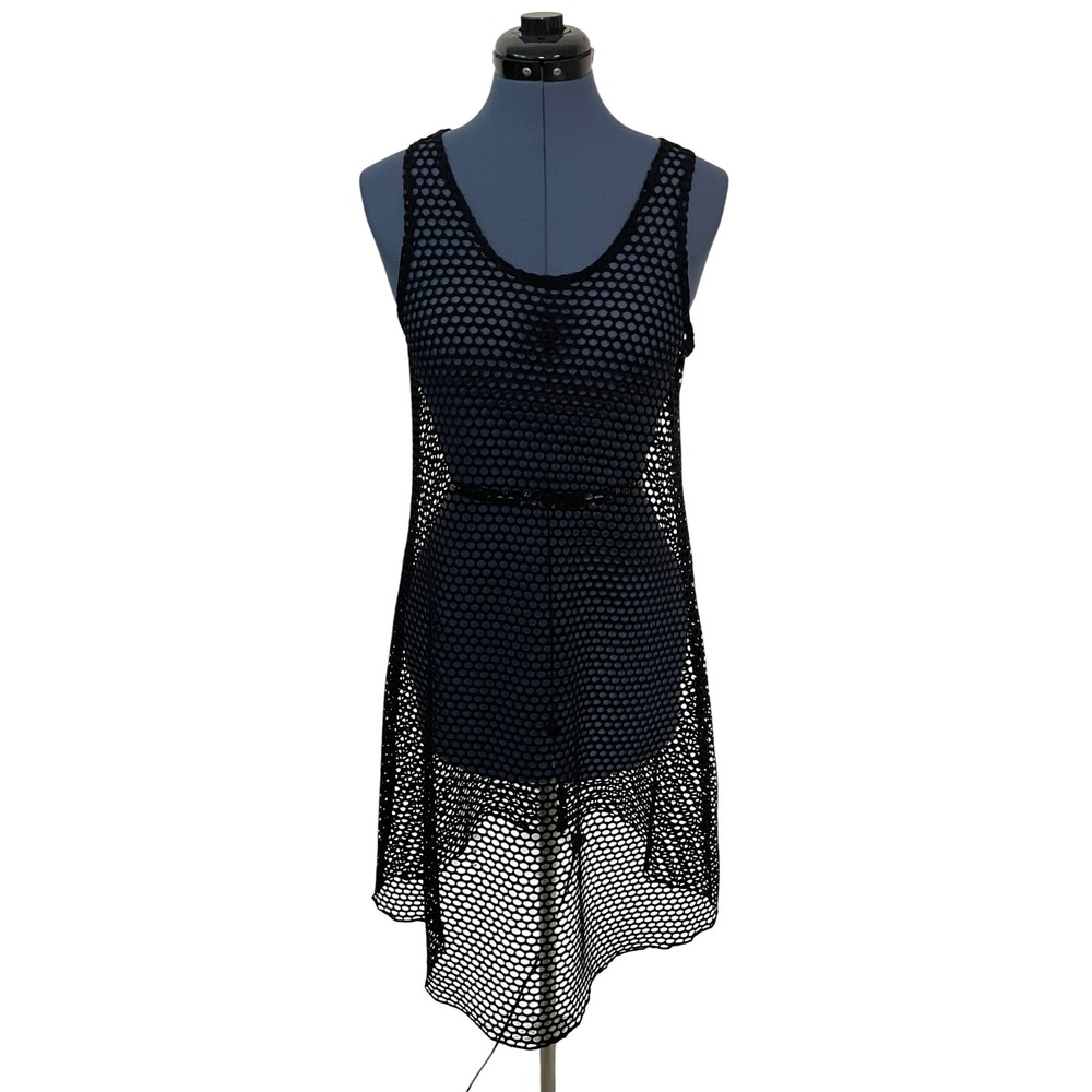 J Valdi Womens Black Mesh Honeycomb Sleeveless Swim Cover Up Dress Resortwear M